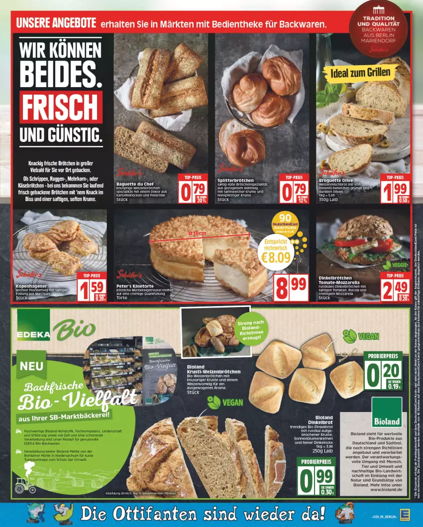 Aktueller Prospekt Edeka - Angebote der Woche - von 18.07 bis 23.07.2022 - strona 5 - produkty: angebot, angebotspreis, backwaren, Bau, beko, bier, bio, bioland, blume, blumen, brot, brötchen, cola, deutschlandcard, Dinkelbrot, dinkelbrötchen, eis, erde, geback, Hefe, Käse, Laufen, LG, marzipan, mozzarella, natur, quark, reis, rel, rucola, rum, saft, sonnenblume, sonnenblumen, Sonnenblumenkerne, sonnenblumenkernen, Spezi, Ti, tomate, tomaten, torte, weizenbrötchen, ZTE