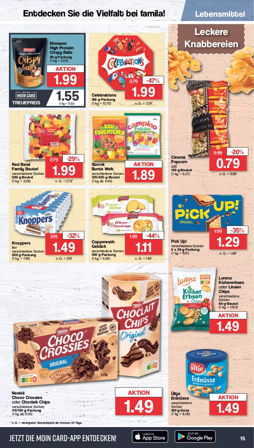 Aktueller Prospekt Famila - Prospekte - von 18.09 bis 23.09.2023 - strona 15 - produkty: ball, beutel, chips, choclait chips, choco crossies, cin, coppenrath, Coppenrath Gebäck, crossies, decke, ehrmann, eis, erbsen, erdnüsse, kichererbsen, knoppers, lebensmittel, linsen, lorenz, nestlé, Pick Up!, popcorn, reis, storck, Ti, ültje, ültje erdnüsse, ZTE