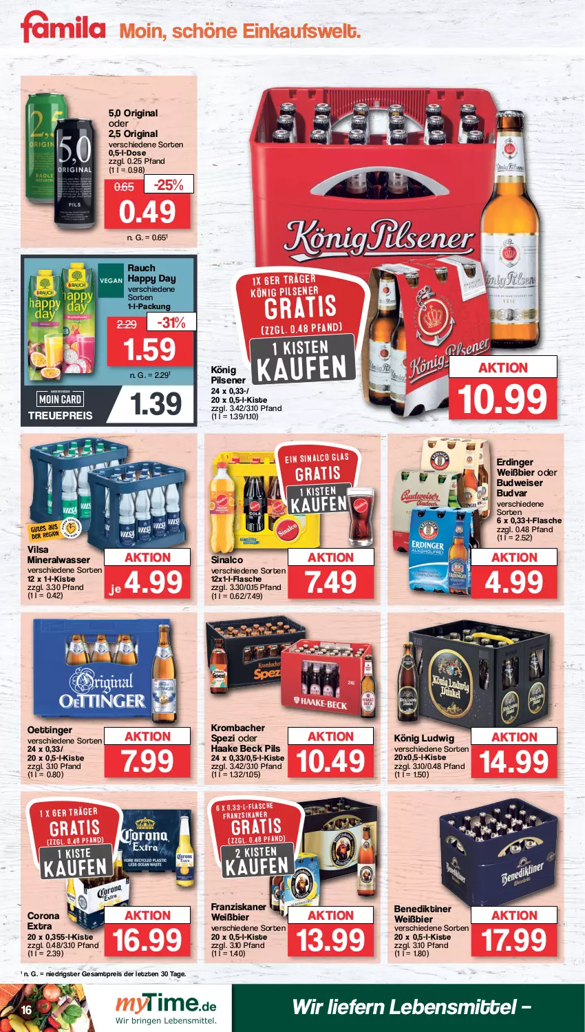 Aktueller Prospekt Famila - Prospekte - von 18.09 bis 23.09.2023 - strona 16 - produkty: Alwa, Benediktiner, bier, budweiser, corona, corona extra, eis, erdinger, flasche, franziskaner, gin, Happy Day, könig pilsener, krombache, krombacher, lebensmittel, mineralwasser, oettinger, pils, pilsener, Rauch, reis, sinalco, Spezi, Ti, vilsa, wasser, ZTE