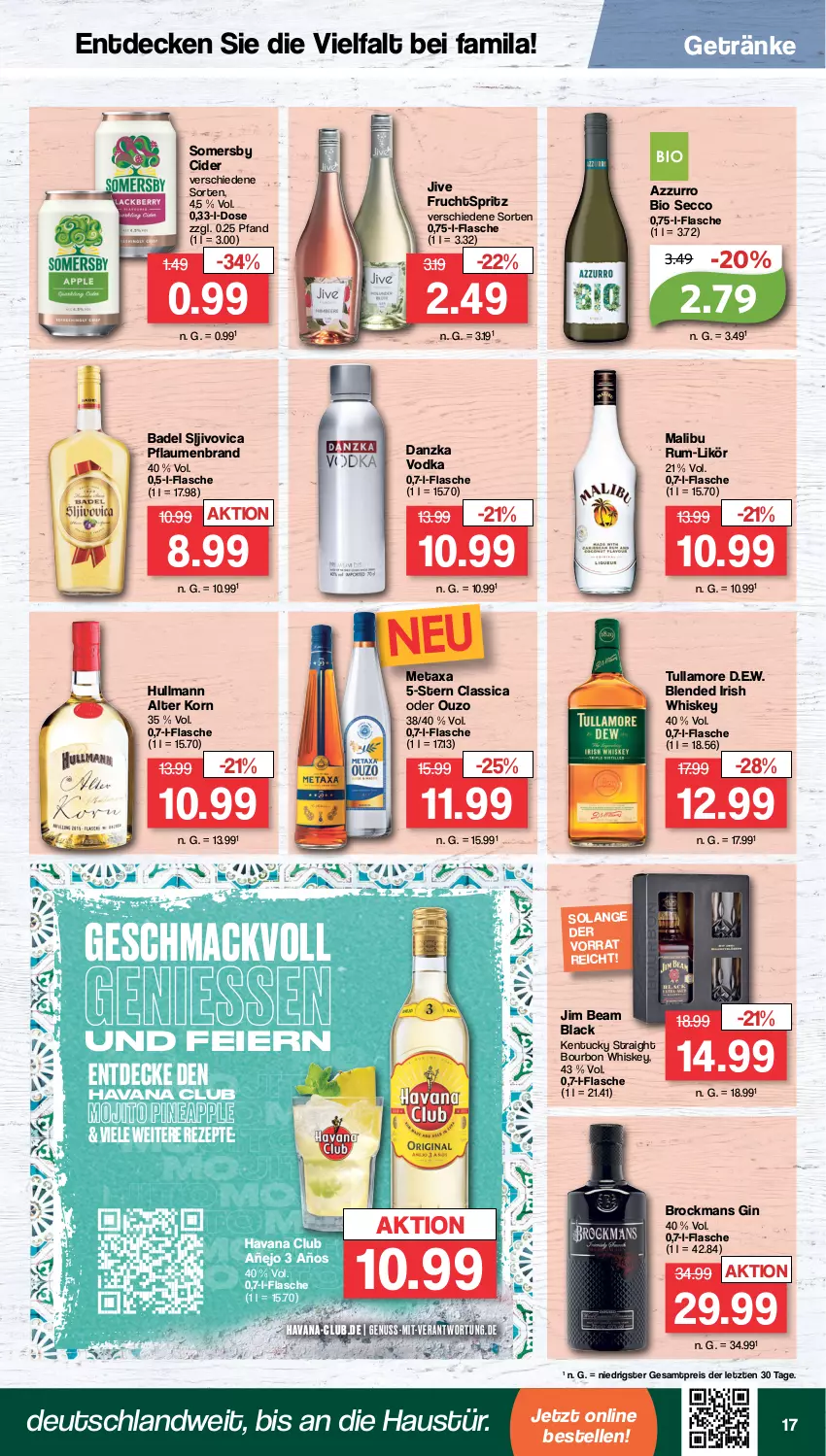 Aktueller Prospekt Famila - Prospekte - von 18.09 bis 23.09.2023 - strona 17 - produkty: Apple, aust, Bad, bio, bourbon, bourbon whiskey, Brock, cider, decke, ecco, eier, eis, elle, flasche, frucht, getränk, getränke, gin, Havana Club, irish whiskey, jim beam, kentucky straight, korn, lack, likör, mac, Malibu, Metaxa, mojito, nuss, ouzo, pflaume, pflaumen, reis, rezept, rezepte, rum, somersby, Ti, tuc, tullamore, vodka, whiskey, ZTE