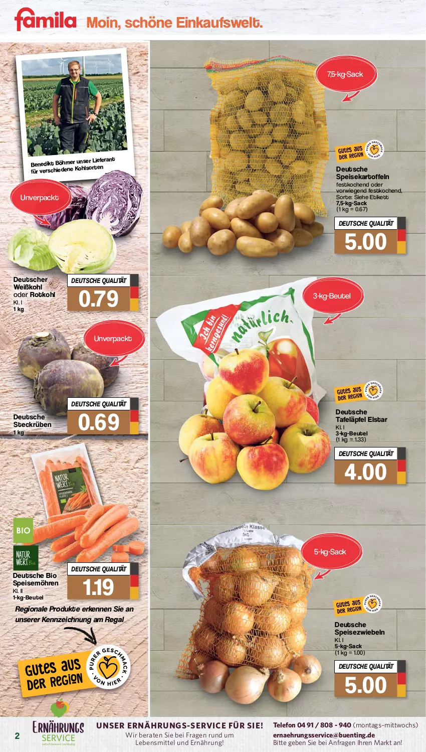 Aktueller Prospekt Famila - Prospekte - von 18.09 bis 23.09.2023 - strona 2 - produkty: beutel, bio, eis, kartoffel, kartoffeln, lebensmittel, möhren, regal, rotkohl, sac, speisekartoffeln, speisemöhren, Speisezwiebeln, tafeläpfel, telefon, Ti, Weißkohl, zwiebel, zwiebeln