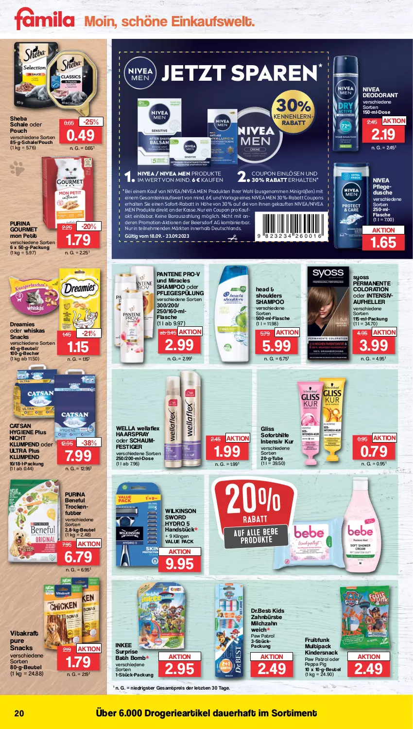 Aktueller Prospekt Famila - Prospekte - von 18.09 bis 23.09.2023 - strona 20 - produkty: auer, Bebe, Becher, beutel, bürste, catsan, coupon, coupons, deo, deodorant, deospray, dreamies, dusche, eier, eis, elle, ente, flasche, gliss, haarspray, Kinder, kraft, milch, nivea, Nivea Men, oder schaumfestiger, pantene, pantene pro-v, Paw Patrol, Peppa Pig, Pflegespülung, pro-v, purina, reis, Schal, Schale, schaumfestiger, shampoo, sheba, snack, snacks, sofort-rabatt, spülung, syoss, Ti, trockenfutter, vita, vitakraft, Wella, wellaflex, whiskas, wilkinson, Yo, zahnbürste, ZTE