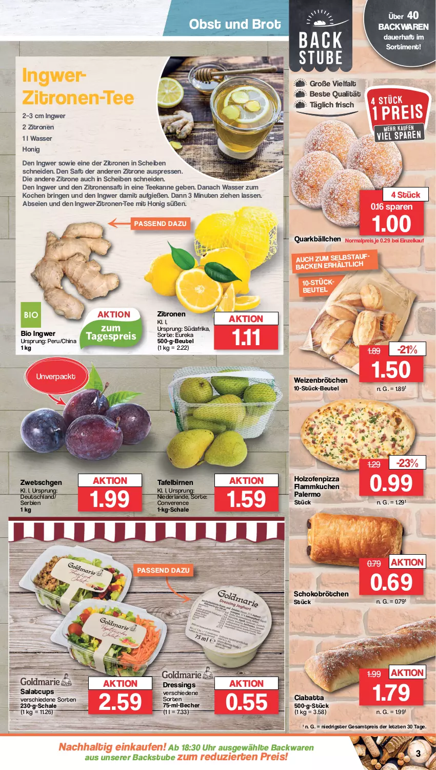 Aktueller Prospekt Famila - Prospekte - von 18.09 bis 23.09.2023 - strona 3 - produkty: auer, backwaren, Becher, beutel, bio, Birnen, brot, brötchen, ciabatta, dressing, eis, flammkuchen, Holz, honig, ingwer, kuchen, lamm, obst, Ofen, pizza, quark, reis, ring, saft, salat, Schal, Schale, schoko, Schokobrötchen, stube, tafelbirnen, tee, teekanne, Ti, uhr, wasser, weizenbrötchen, zitrone, zitronen, zitronensaft, ZTE