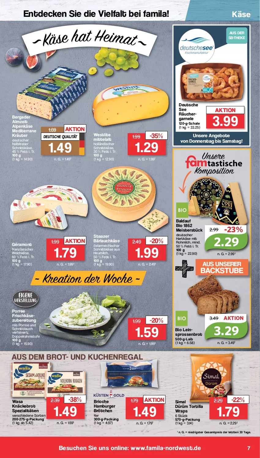 Aktueller Prospekt Famila - Prospekte - von 18.09 bis 23.09.2023 - strona 7 - produkty: angebot, angebote, bergader, bio, brot, brötchen, burger, decke, doppelrahmstufe, eis, französischer weichkäse, frischkäse, géramont, halbfester schnittkäse, hamburger, hamburger brötchen, hartkäse, Heu, heumilch, holländischer schnittkäse, Käse, knäckebrot, kräuter, kuchen, Meister, milch, österreichischer schnittkäse, regal, reis, Schal, Schale, schnittkäse, schnittlauch, sim, Spezi, stube, Ti, tortilla, wasa, weichkäse, wrap, wraps, ZTE