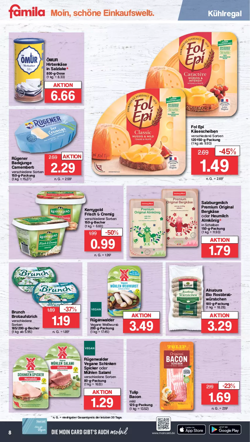 Aktueller Prospekt Famila - Prospekte - von 18.09 bis 23.09.2023 - strona 8 - produkty: Almkönig, aufstrich, bacon, Bad, Becher, Bergkäse, bio, brot, brotaufstrich, camembert, eis, fol epi, gin, Heu, heumilch, hirtenkäse, Käse, käsescheiben, kerrygold, kühlregal, milch, natur, natura, regal, reis, Rügener, rügener badejunge, rügenwalder, salami, salz, SalzburgMilch, schinken, schinken spicker, Ti, tulip, Weißwurst, wurst, würstchen, ZTE