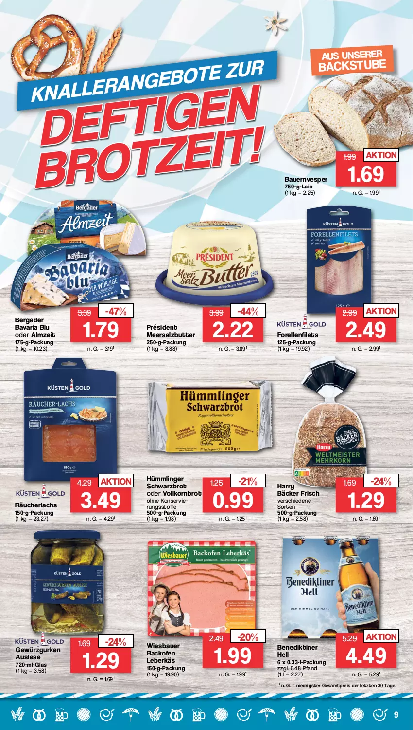 Aktueller Prospekt Famila - Prospekte - von 18.09 bis 23.09.2023 - strona 9 - produkty: auer, backofen, Bau, Bauer, bavaria blu, Benediktiner, bergader, brot, butter, decke, eis, elle, filet, filets, forelle, gewürz, Gewürzgurke, gewürzgurken, gurke, gurken, korn, Kornbrot, lachs, leberkäs, meersalz, Meersalzbutter, Ofen, Räucherlachs, reis, rel, Ria, salz, Schwarzbrot, stube, Ti, vollkornbrot, wiesbauer, ZTE