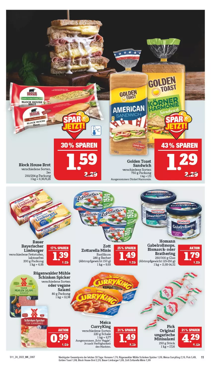 Aktueller Prospekt Marktkauf - Prospekt - von 12.06 bis 18.06.2022 - strona 11 - produkty: auer, basilikum, Bau, Bauer, Becher, bismarck, brot, burger, curry, eis, gabel, gin, golden toast, hering, homann, Limburger, meica, reis, rel, ring, rügenwalder, rügenwalder mühle, salami, sandwich, Schal, Schale, schinken, schinken spicker, toast, veggie, zott, zottarella, zottarella minis, ZTE