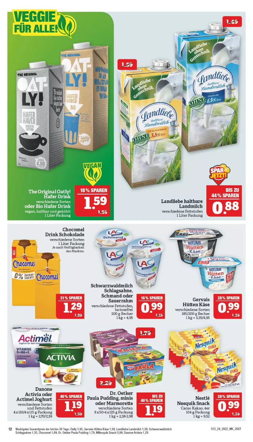 Aktueller Prospekt Marktkauf - Prospekt - von 12.06 bis 18.06.2022 - strona 12 - produkty: actimel, activia, auer, Becher, bio, danone, danone activia, Dr. Oetker, drink, eis, gervais, gin, hafer, joghur, joghurt, kakao, Käse, landliebe, landmilch, maracuja, marmorette, milch, nesquik, Paula, paula pudding, pudding, reis, sahne, Sauerrahm, schlagsahne, schmand, schoko, schokolade, snack, Ti, ZTE