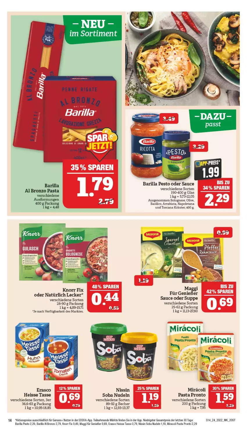 Aktueller Prospekt Marktkauf - Prospekt - von 12.06 bis 18.06.2022 - strona 14 - produkty: aeg, aktionspreis, barilla, basilico, Becher, bolognese, deka, eis, elle, erasco, knorr, knorr fix, kräuter, maggi, miracoli, Nissin, nudel, nudeln, nuss, olive, pasta, pesto, Pronto, reis, sauce, spargel, suppe, tasse, Ti, ZTE