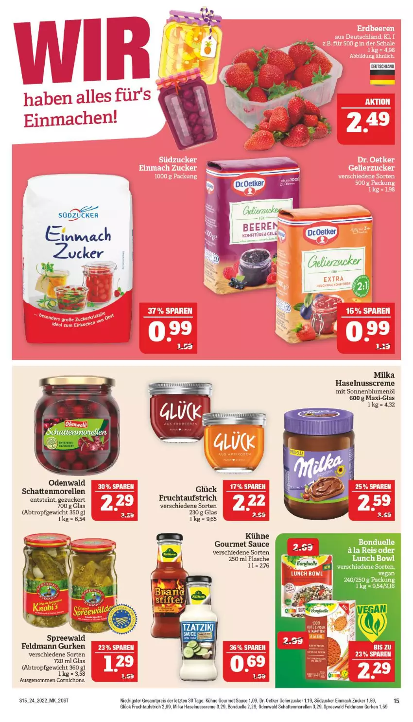 Aktueller Prospekt Marktkauf - Prospekt - von 12.06 bis 18.06.2022 - strona 15 - produkty: aufstrich, beere, blume, blumen, blumenöl, bonduelle, creme, Dr. Oetker, eis, elle, flasche, frucht, fruchtaufstrich, gelierzucker, gurke, gurken, haselnuss, Haselnusscreme, Kühne, mac, milka, morellen, nuss, odenwald, reis, rel, sauce, schattenmorellen, sonnenblume, sonnenblumen, sonnenblumenöl, südzucker, tzatziki, ZTE, zucker