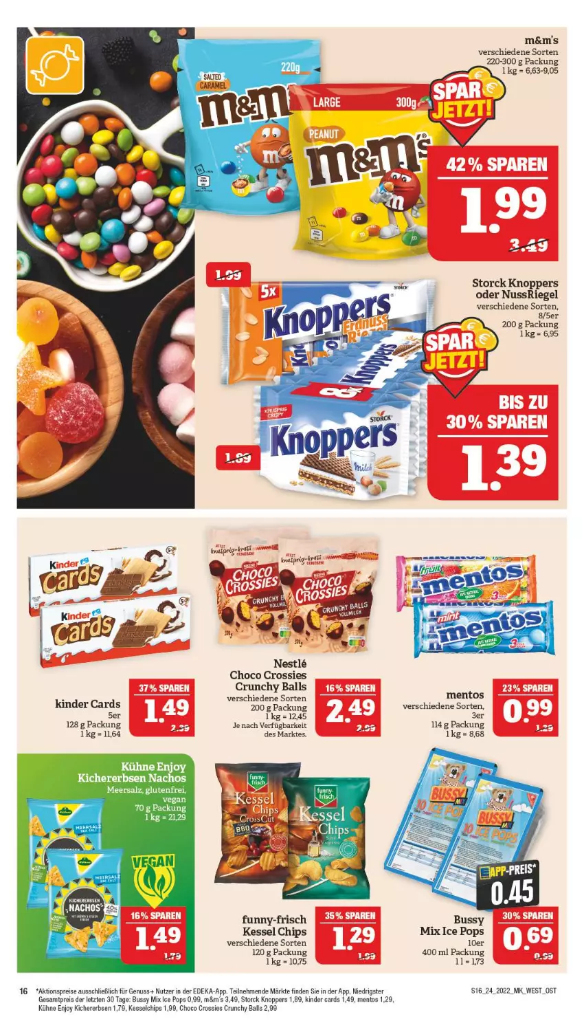 Aktueller Prospekt Marktkauf - Prospekt - von 12.06 bis 18.06.2022 - strona 16 - produkty: aktionspreis, ball, chips, choco crossies, crossies, deka, eis, erbsen, funny-frisch, kichererbsen, Kinder, knoppers, Kühne, meersalz, mentos, nacho, Nachos, nuss, nussriegel, reis, riegel, salz, storck, Ti, ZTE