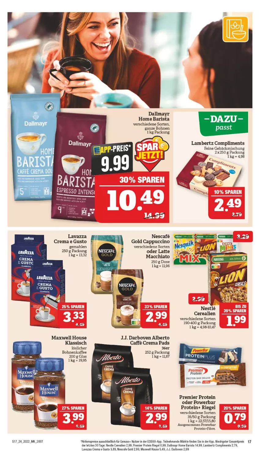 Aktueller Prospekt Marktkauf - Prospekt - von 12.06 bis 18.06.2022 - strona 17 - produkty: ACC, aktionspreis, Amber, bohne, bohnen, bohnenkaffee, caffe, Cap, cappuccino, cerealien, chia, cin, crema pads, dallmayr, darbo, darboven, deka, eis, Feine Gebäckmischung, gebäckmischung, kaffee, lambertz, latte, lavazza, mac, macchiato, nescafe, nuss, reis, riegel, Ti, ZTE