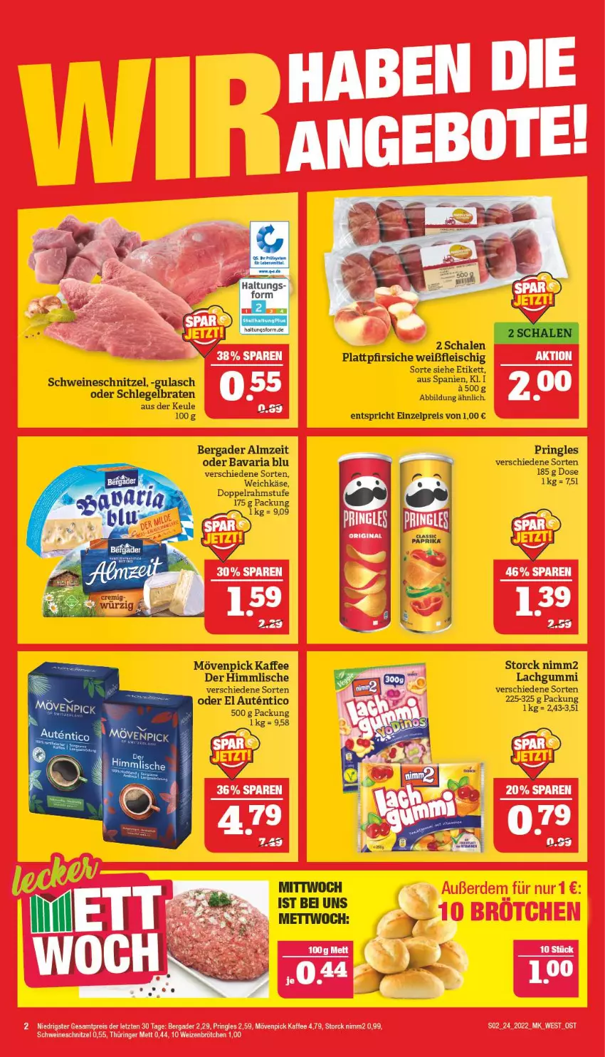 Aktueller Prospekt Marktkauf - Prospekt - von 12.06 bis 18.06.2022 - strona 2 - produkty: bavaria blu, bergader, braten, brötchen, doppelrahmstufe, eis, fleisch, gulasch, kaffee, Käse, lachgummi, Mett, mövenpick, mövenpick kaffee, nimm2, pfirsich, pfirsiche, plattpfirsiche, pringles, reis, Ria, ring, Schal, Schale, schnitzel, schwein, schweine, schweineschnitzel, storck, Ti, weichkäse, wein, weine, weizenbrötchen, ZTE