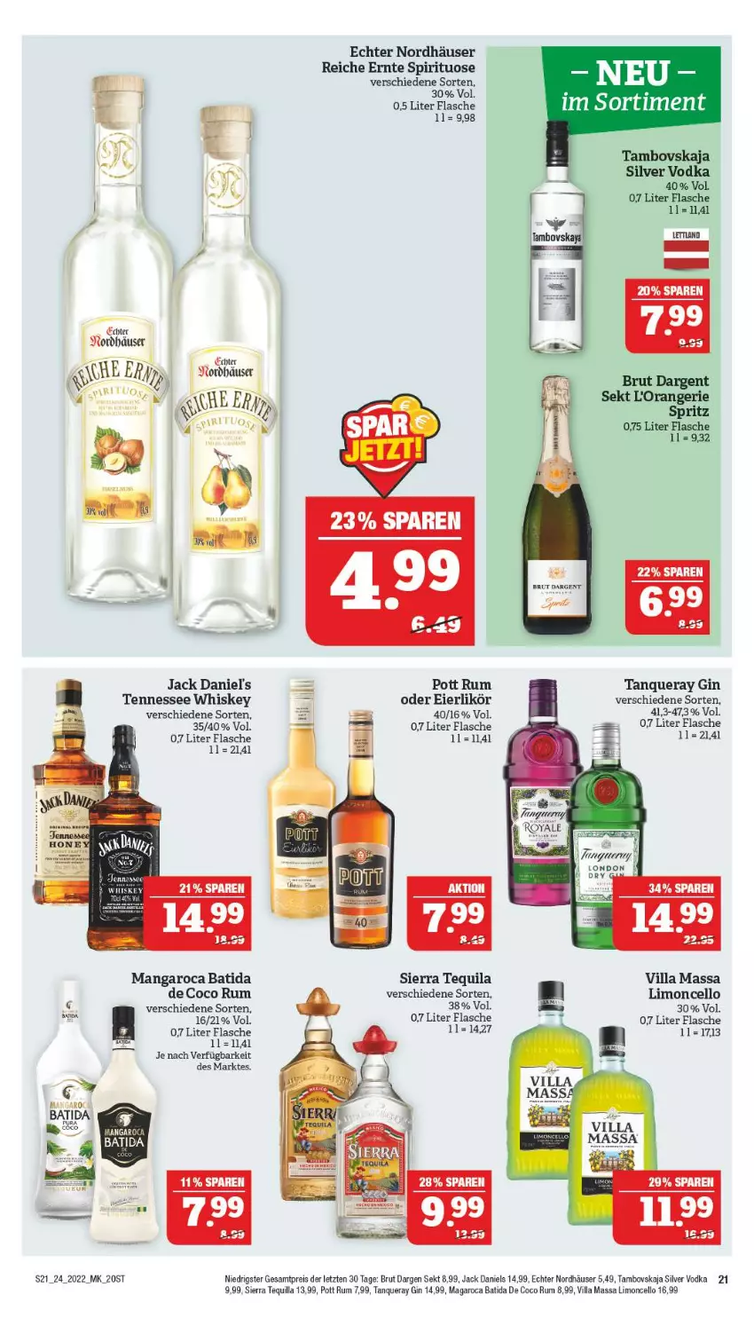 Aktueller Prospekt Marktkauf - Prospekt - von 12.06 bis 18.06.2022 - strona 21 - produkty: batida, brut, brut dargent, eier, eierlikör, eis, flasche, gin, jack daniel, jack daniel's, jack daniels, likör, limo, mangaroca, orange, reis, rum, sekt, Sierra, sierra tequila, Tanqueray, tennessee whiskey, tequila, Ti, vodka, whiskey, Yo, ZTE