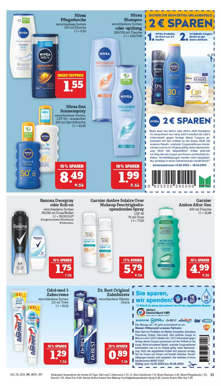 Aktueller Prospekt Marktkauf - Prospekt - von 12.06 bis 18.06.2022 - strona 23 - produkty: after sun, Ambre Solaire, auto, bürste, coupon, coupons, creme, deo, deospray, Dr. Best, dusche, eis, erde, flasche, garnier, gin, kraft, nivea, Nivea Men, nivea sun, Odol, odol med, Odol-med 3, pflegedusche, rabatt-coupon, reis, rexona, roll-on, Roller, sensodyne, shampoo, sofortrabatt, sonnenspray, sprühflasche, Ti, tisch, uhr, wasser, zahnbürste, zahncreme, ZTE