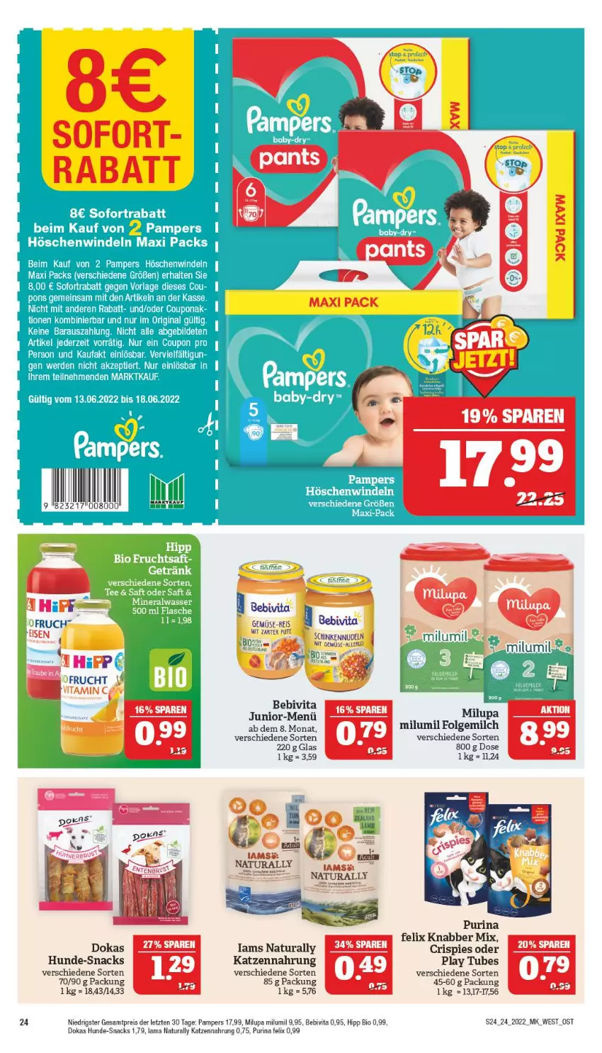 Aktueller Prospekt Marktkauf - Prospekt - von 12.06 bis 18.06.2022 - strona 24 - produkty: bebivita, bio, eis, felix, folgemilch, frucht, hipp, katzennahrung, LG, milch, milupa, mit gemüse, natur, natura, nudel, nudeln, pampers, purina, reis, schinken, snack, snacks, vita, Vitamin C, ZTE