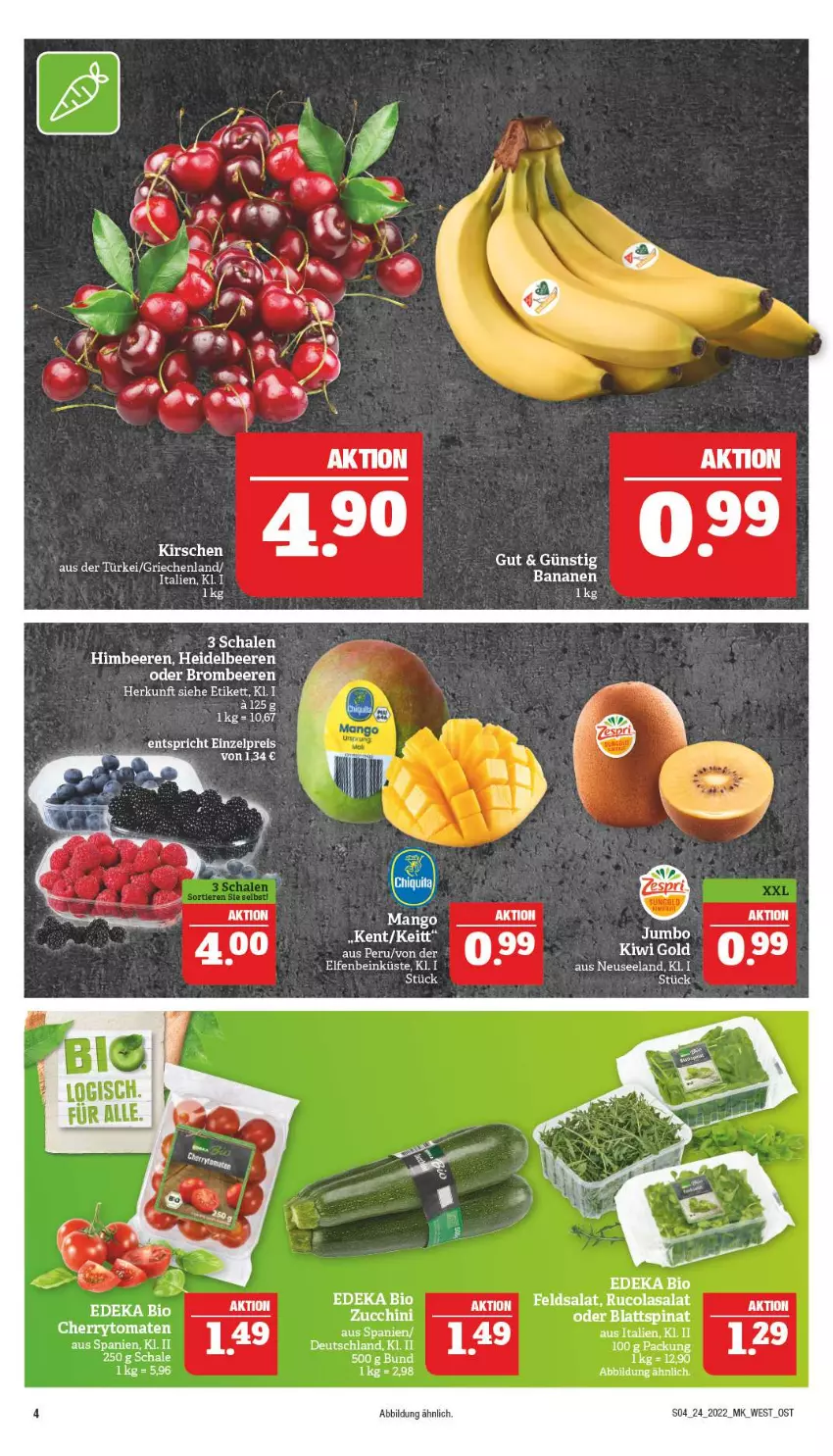 Aktueller Prospekt Marktkauf - Prospekt - von 12.06 bis 18.06.2022 - strona 4 - produkty: banane, bananen, beere, beeren, bio, blattspinat, brombeere, brombeeren, cherrytomaten, cola, deka, edeka bio, eier, Elan, feldsalat, heidelbeere, heidelbeeren, himbeer, himbeere, himbeeren, kirsch, kirsche, kirschen, kiwi, Kiwi Gold, mango, rucola, salat, Schal, Schale, spinat, Ti, tomate, tomaten, zucchini