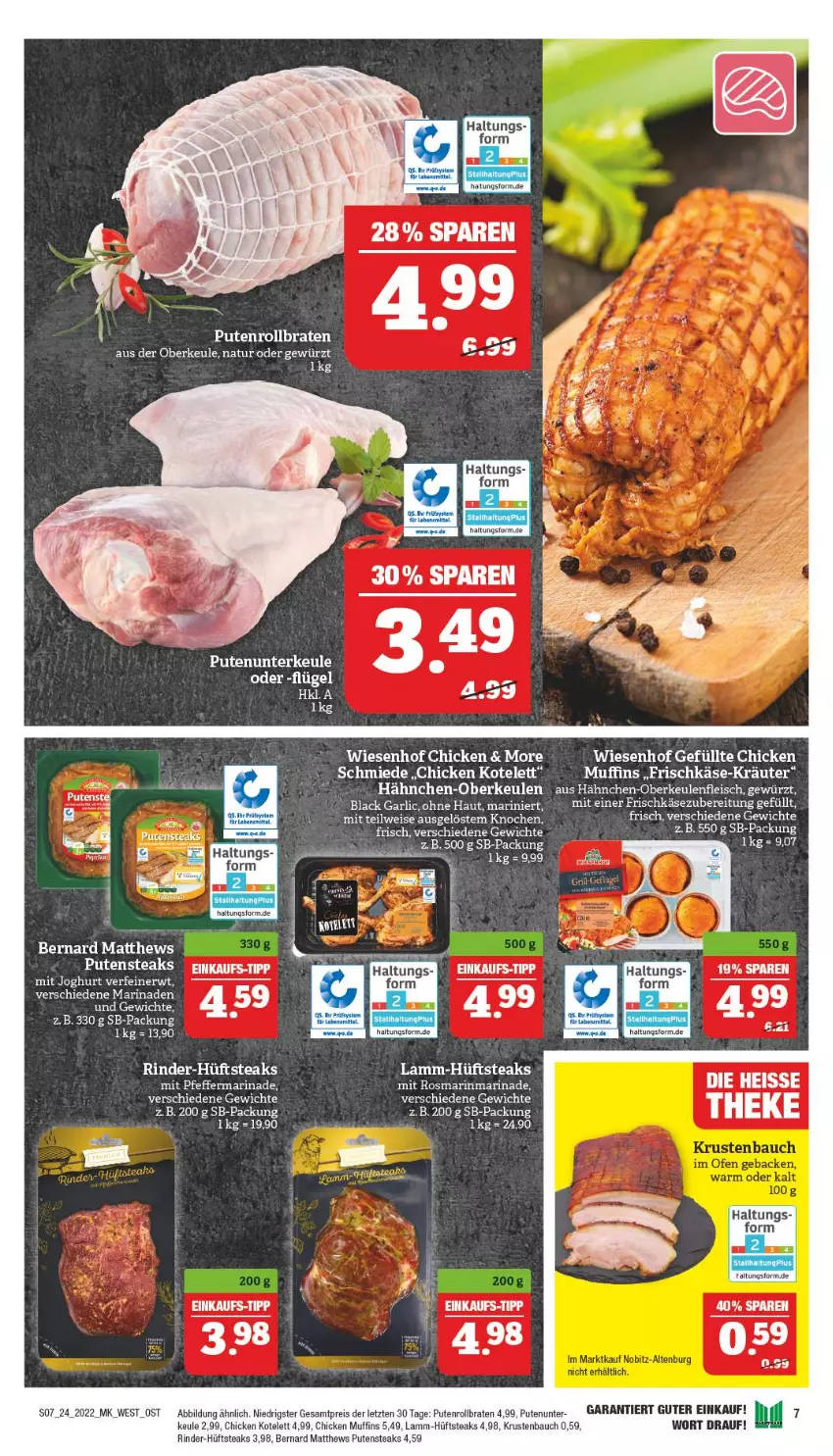 Aktueller Prospekt Marktkauf - Prospekt - von 12.06 bis 18.06.2022 - strona 7 - produkty: Bau, braten, eis, fleisch, frischkäse, frischkäsezubereitung, gewürz, Hähnchen-Oberkeulen, hüftsteak, hüftsteaks, Käse, kotelett, kräuter, lack, lamm, marinade, Muffin, muffins, natur, pfeffer, pute, Putenrollbraten, putensteaks, reis, rind, rinder, rollbraten, rosmarin, steak, steaks, Ti, wiesenhof, ZTE