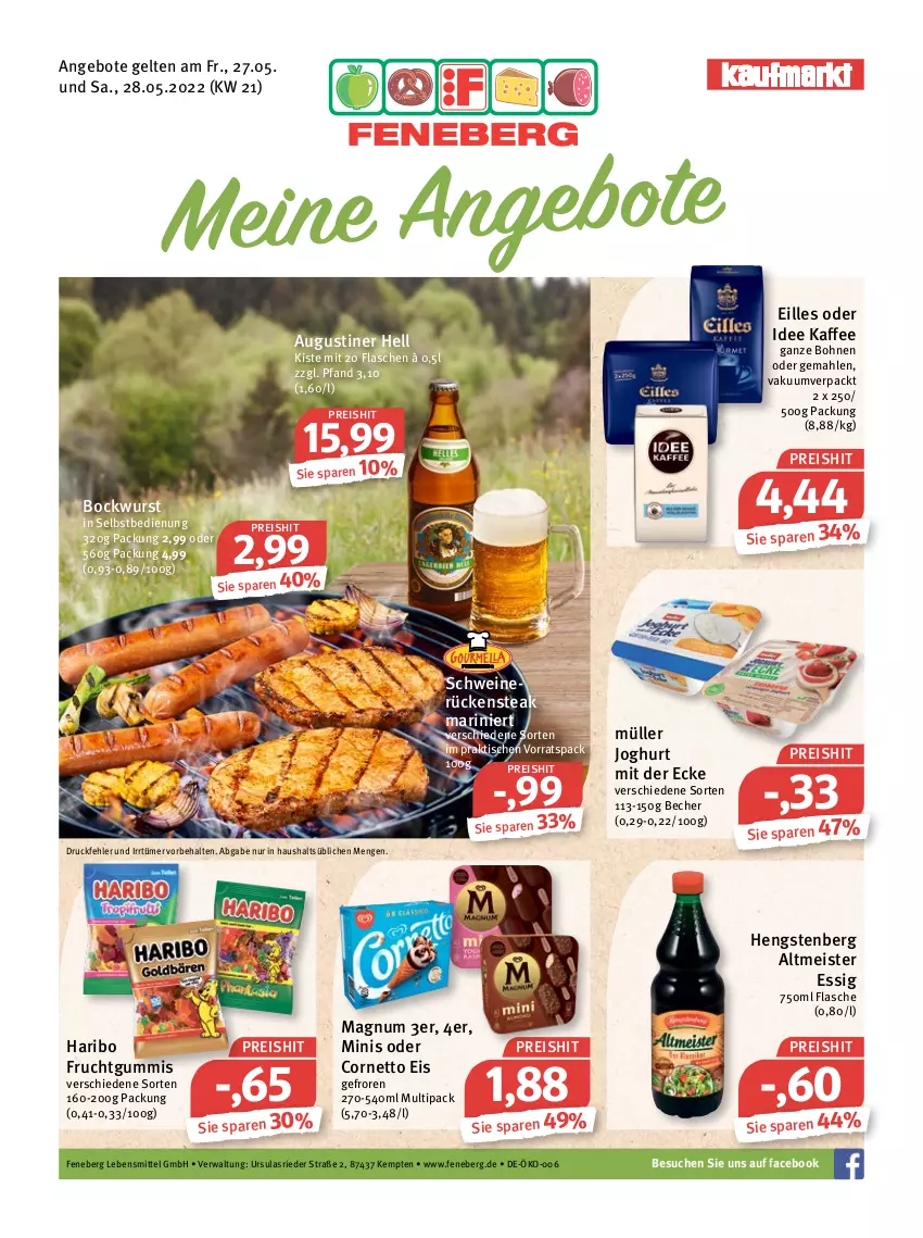 Aktueller Prospekt Feneberg - Prospekte - von 27.05 bis 28.05.2022 - strona 1 - produkty: angebot, angebote, Becher, bockwurst, bohne, bohnen, cornetto, eis, essig, flasche, frucht, fruchtgummi, fruchtgummis, haribo, hengstenberg, Hengstenberg Altmeister, joghur, joghurt, joghurt mit der ecke, kaffee, lebensmittel, magnum, Meister, Müller, reis, Rückensteak, schwein, schweine, schweinerücken, steak, Ti, tisch, wein, weine, wurst, wurst in selbstbedienung