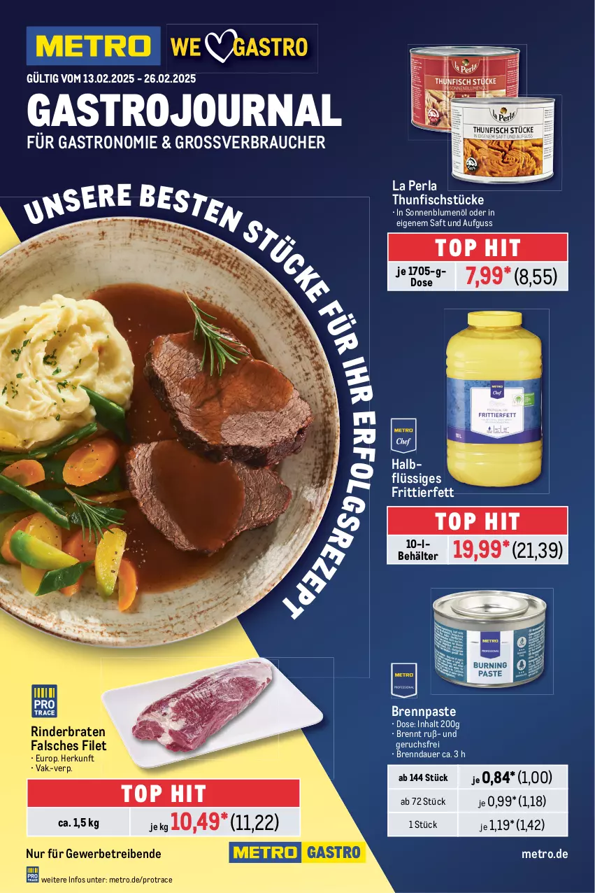 Aktueller Prospekt Metro - GastroJournal - von 13.02 bis 26.02.2025 - strona 1 - produkty: auer, Behälter, blume, blumen, blumenöl, braten, Brennpaste, Falsches Filet, filet, fisch, LG, Metro, perla, Rauch, rind, rinder, rinderbraten, saft, sonnenblume, sonnenblumen, sonnenblumenöl, thunfisch, Ti