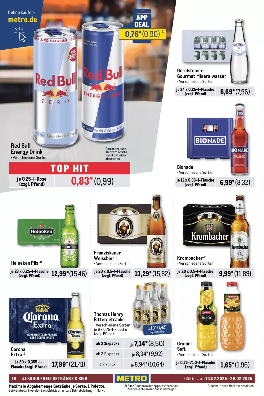 Aktueller Prospekt Metro - GastroJournal - von 13.02 bis 26.02.2025 - strona 18 - produkty: alkohol, alkoholfreie getränke, Alwa, amaro, angebot, angebote, bier, bio, bionade, Cap, captain morgan, corona, corona extra, coupon, decke, drink, dry gin, eis, energy drink, Fernet, fernet branca, flasche, franziskaner, gerolsteine, gerolsteiner, getränk, getränke, gin, granini, heineken, jack daniel, krombache, krombacher, limo, Metro, metro gastro, mineralwasser, osborne, Palette, pils, rama, ramazzott, ramazzotti, red bull, reis, saft, sattel, sirup, smirnoff, spirituosen, steiner, Tanqueray, thomas henry, Ti, veterano, vodka, wasser, weissbier, zott