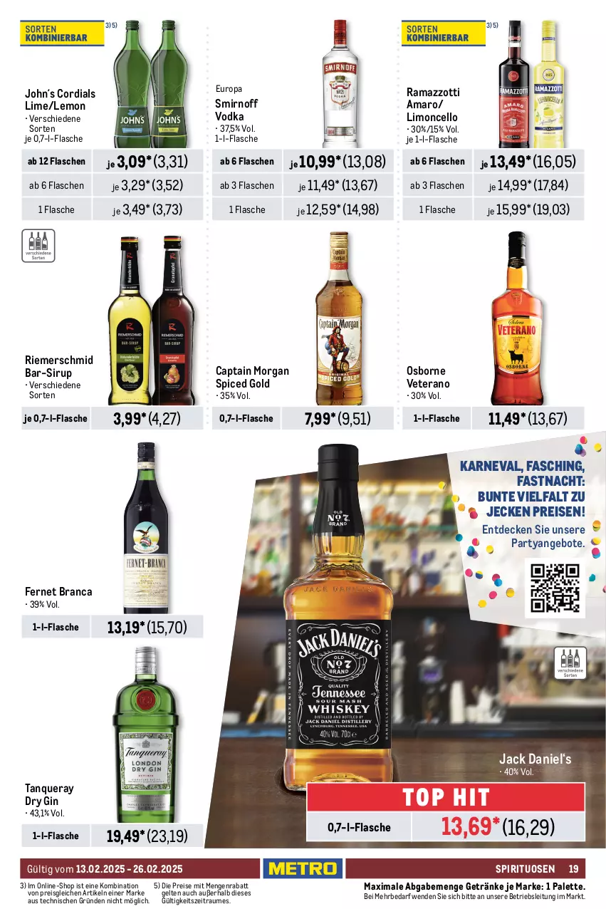 Aktueller Prospekt Metro - GastroJournal - von 13.02 bis 26.02.2025 - strona 19 - produkty: alkohol, alkoholfreie getränke, Alwa, amaro, angebot, angebote, bier, bio, bionade, Cap, captain morgan, corona, corona extra, coupon, decke, drink, dry gin, eis, energy drink, Fernet, fernet branca, flasche, franziskaner, gerolsteine, gerolsteiner, getränk, getränke, gin, granini, heineken, jack daniel, krombache, krombacher, limo, Metro, metro gastro, mineralwasser, osborne, Palette, pils, rama, ramazzott, ramazzotti, red bull, reis, saft, sattel, sirup, smirnoff, spirituosen, steiner, Tanqueray, thomas henry, Ti, veterano, vodka, wasser, weissbier, zott