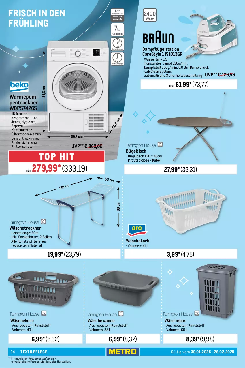 Aktueller Prospekt Metro - Frühjahrsputz - von 30.01 bis 26.02.2025 - strona 14 - produkty: auto, beutel, bügel, Bügelstation, bügeltisch, dampfbügelstation, decke, Deckel, Draht, edelstahl, eimer, eis, elle, henkel, jeans, Kinder, korb, leimer, leine, LG, müllbeutel, reis, Ria, rum, Schal, socken, Spektrum, steckdose, swirl, teller, Ti, tisch, treteimer, Trockner, Wanne, wärmepumpentrockner, wäschekorb, wäschetrockner, wasser, wassertank