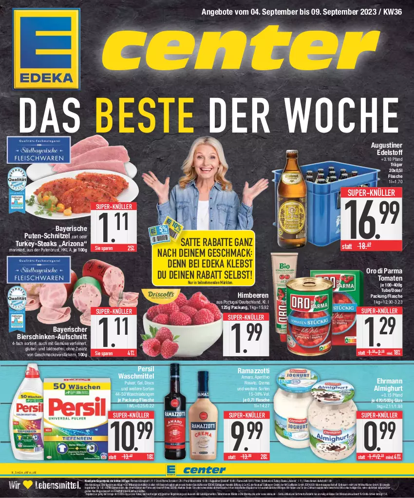 Aktueller Prospekt E Center - Angebote der Woche - von 28.08 bis 02.09.2023 - strona 1 - produkty: almighur, almighurt, amaro, angebot, angebote, aperitivo rosato, aufschnitt, Augustiner Edelstoff, beere, beeren, bier, bierschinken, deka, ehrmann, ehrmann almighurt, eis, flasche, himbeer, himbeere, himbeeren, lebensmittel, LG, mac, mit gemüse, oro di parma, persil, persil waschmittel, pute, putenbrust, rama, ramazzott, ramazzotti, reis, rosato, schinken, schnitzel, steak, steaks, super-knüller, Ti, tomate, tomaten, waschmittel, zott, ZTE