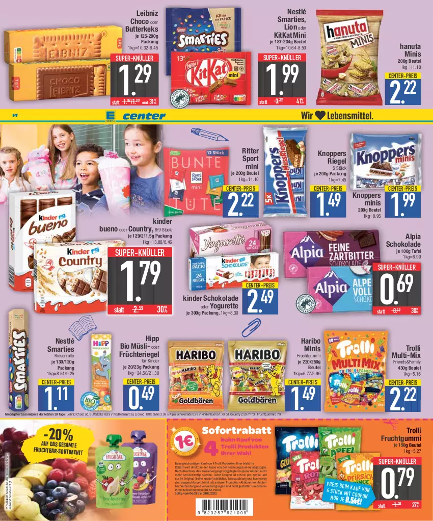 Aktueller Prospekt E Center - Angebote der Woche - von 28.08 bis 02.09.2023 - strona 14 - produkty: alpia, beutel, bio, butter, butterkeks, eis, ente, frucht, früchte, fruchtgummi, hanuta, haribo, hipp, keks, Kinder, kinder bueno, kinder schokolade, kitkat, knoppers, leibniz, lion, müsli, nestlé, oder yogurette, reis, riegel, ritter, ritter sport, schoko, schokolade, smarties, Sport, super-knüller, Ti, trolli, trolli fruchtgummi, Yo, yogurette, ZTE