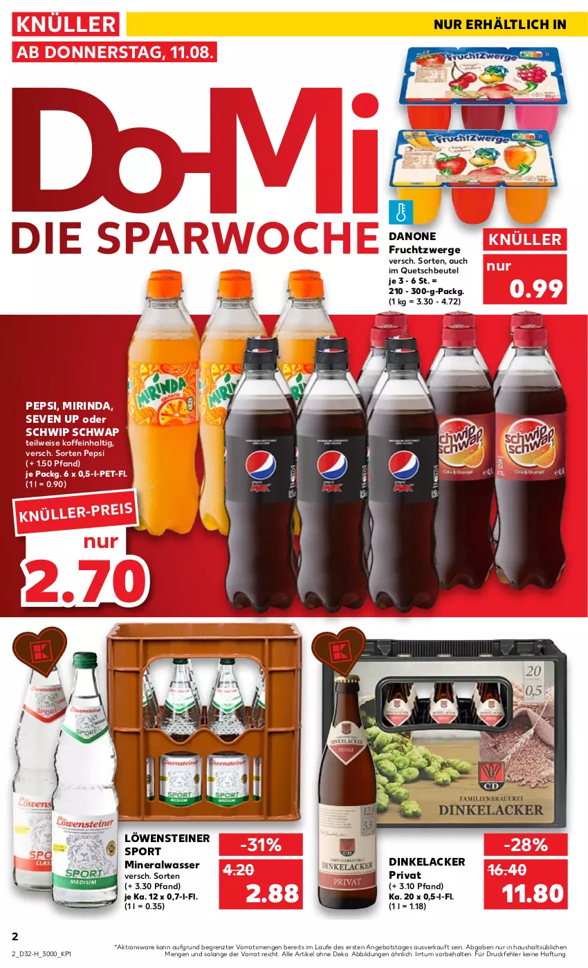 Aktueller Prospekt Kaufland - Spezielle Angebote - von 11.08 bis 17.08.2022 - strona 2 - produkty: Alwa, angebot, beutel, danone, danone fruchtzwerge, eis, frucht, fruchtzwerge, lack, Lacke, mineralwasser, Mirinda, pepsi, quetschbeutel, rind, Schwip Schwap, Sport, steiner, Ti, wasser, ZTE