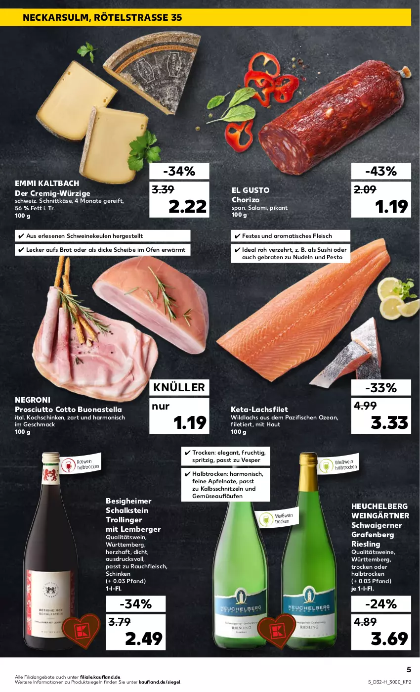 Aktueller Prospekt Kaufland - Spezielle Angebote - von 11.08 bis 17.08.2022 - strona 5 - produkty: angebot, angebote, apfel, Berger, braten, brot, chorizo, eimer, eis, emmi, filet, fisch, fische, fleisch, frucht, Heu, kalbsschnitzel, Käse, kochschinken, lachs, lachsfilet, mac, nudel, nudeln, Ofen, pesto, prosciutto, prosciutto cotto, qualitätswein, qualitätsweine, Rauch, riesling, rotwein, salami, Schal, schinken, schnittkäse, schnitzel, schwein, schweine, Sushi, Ti, tisch, trolli, trollinger, und gemüse, wein, weine, Weißwein, Wild, wildlachs