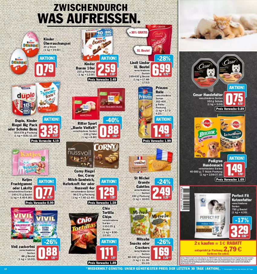 Aktueller Prospekt Aez - Prospekte - von 30.10 bis 04.11.2023 - strona 12 - produkty: beutel, chips, corny, coupon, cracker, duplo, eis, erde, frucht, fruchtgummi, hafer, hundesnack, katjes, katzenfutter, Kinder, kinder bueno, kinder riegel, kraft, Lakritz, lindor, lindt, milch, nuss, oder lakritz, pedigree, Perfect Fit, prinzen rolle, Rauch, reis, reiss, riegel, ritter, ritter sport, sandwich, Schal, Schale, schoko, snack, snacks, Sport, Ti, Tiere, tortilla, Tortilla Chips, Trockennahrung, ZTE, zucker