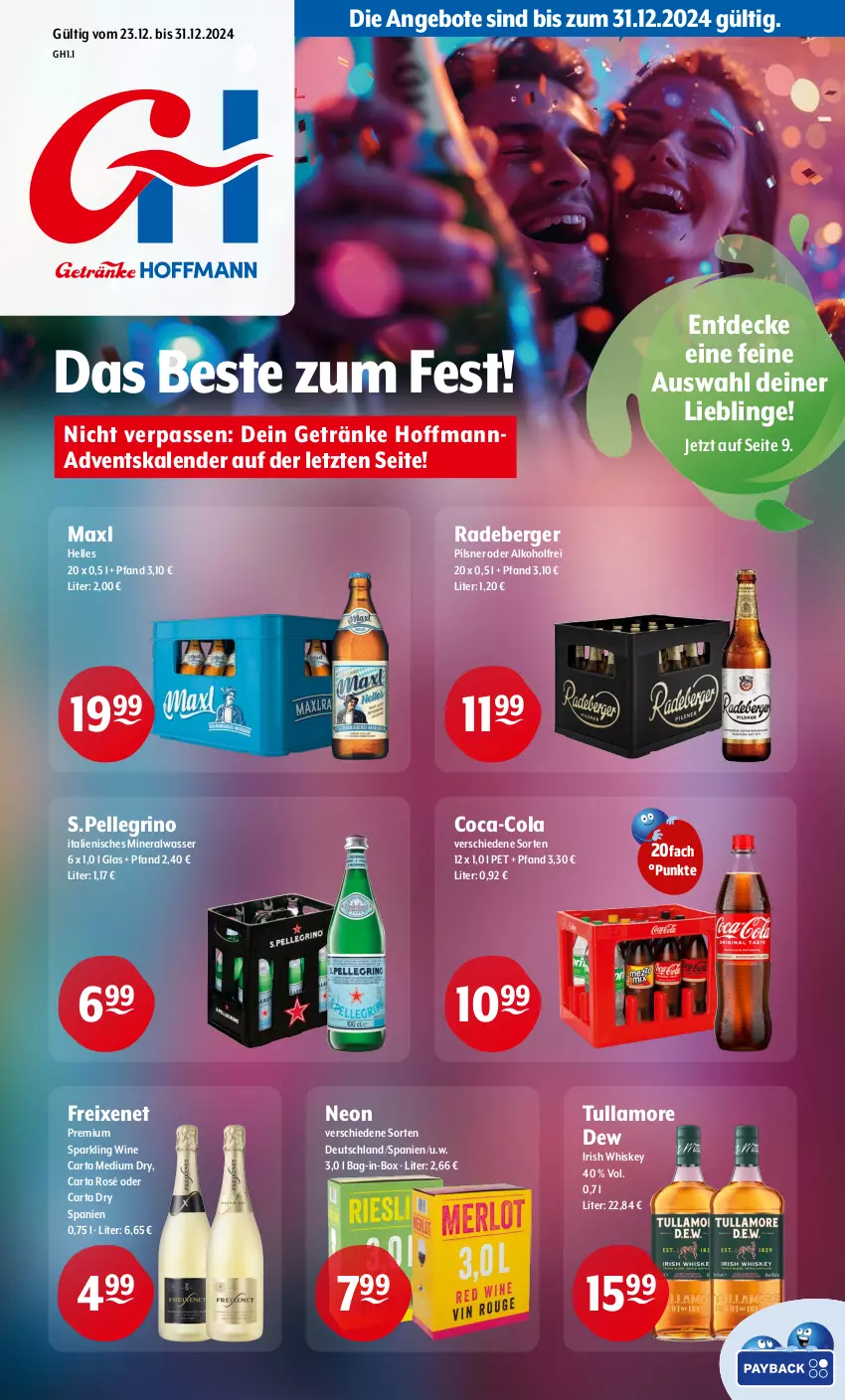 Aktueller Prospekt Getraenke Hoffmann - Prospekte - von 23.12 bis 31.12.2024 - strona 1 - produkty: Adventskalender, alkohol, Alwa, angebot, angebote, bag-in-box, Berger, coca-cola, cola, decke, elle, freixenet, getränk, getränke, irish whiskey, mineralwasser, pils, pilsner, radeberger, Ti, tullamore, tullamore dew, wasser, whiskey, ZTE