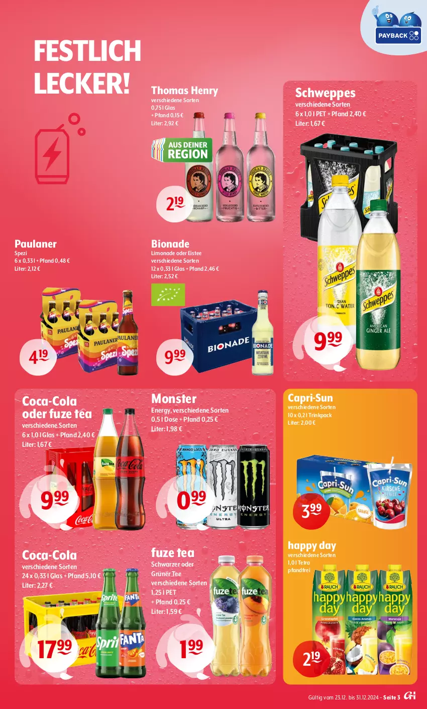 Aktueller Prospekt Getraenke Hoffmann - Prospekte - von 23.12 bis 31.12.2024 - strona 3 - produkty: bio, bionade, Cap, capri-sun, coca-cola, cola, eis, eistee, fuze tea, grüner tee, Happy Day, limo, limonade, monster, Monster Energy, Paula, paulaner, schweppes, Spezi, tee, thomas henry, Ti