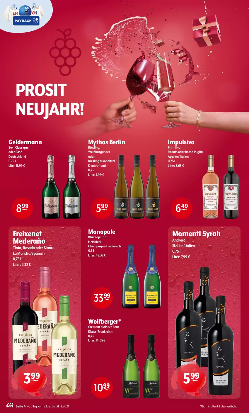 Aktueller Prospekt Getraenke Hoffmann - Prospekte - von 23.12 bis 31.12.2024 - strona 4 - produkty: alkohol, Berger, brut, burgunder, champagne, freixenet, geldermann, Momenti Syrah, Mythos, primitivo, riesling, rosato, sac, sekt, Ti, Weißburgunder