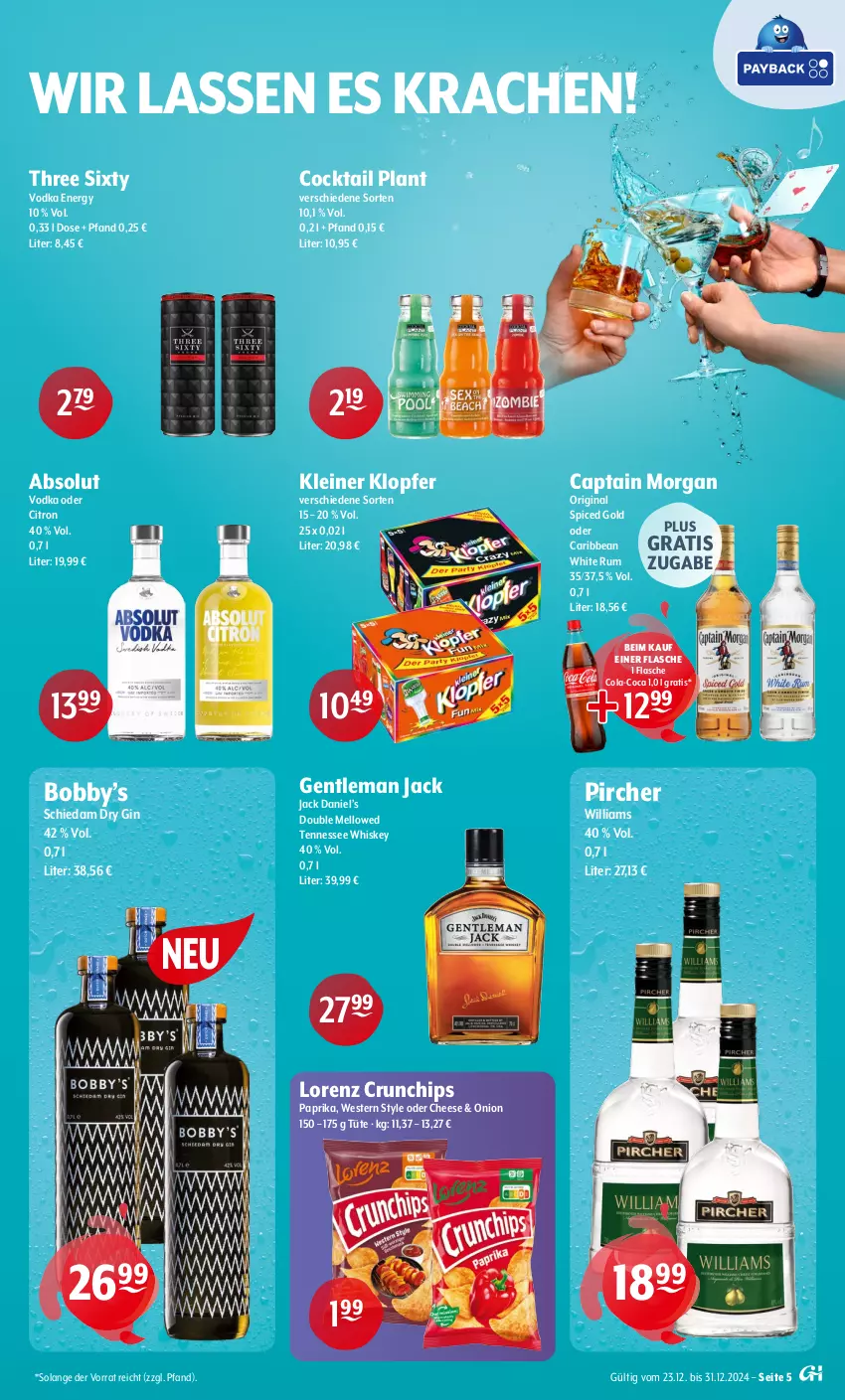 Aktueller Prospekt Getraenke Hoffmann - Prospekte - von 23.12 bis 31.12.2024 - strona 5 - produkty: Cap, captain morgan, chips, cocktail, cola, crunchips, dry gin, flasche, gin, jack daniel, Jack Daniel’s, kleiner klopfer, leine, lorenz, lorenz crunchips, original spiced gold, paprika, pircher, rum, tennessee whiskey, Three Sixty, Ti, Tüte, vodka, Weste, whiskey, white rum