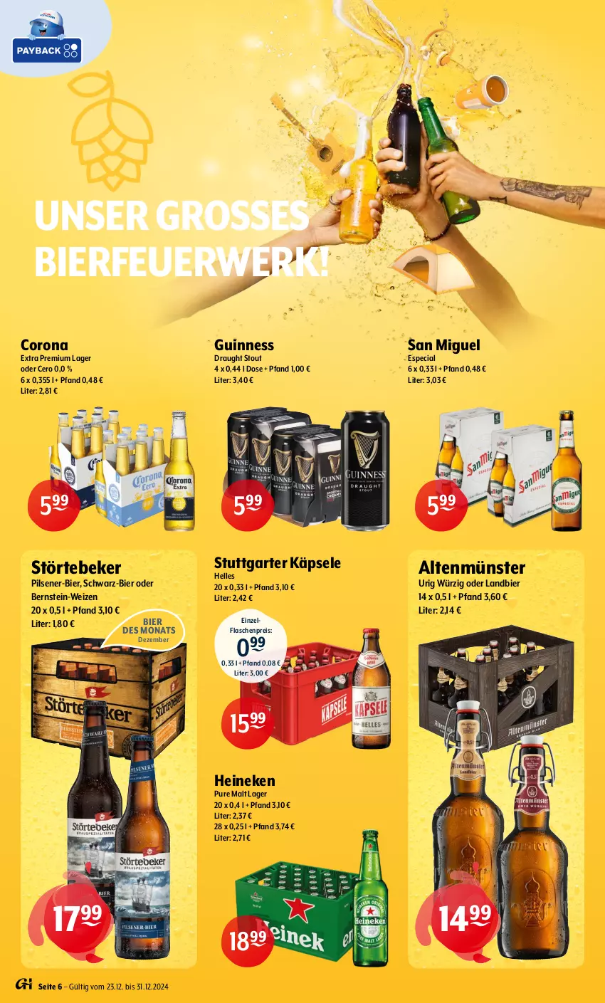 Aktueller Prospekt Getraenke Hoffmann - Prospekte - von 23.12 bis 31.12.2024 - strona 6 - produkty: Altenmünster, bier, corona, corona extra, eis, elle, flasche, Guinness, heineken, pils, pilsener, reis, rwe, störtebeker, Ti