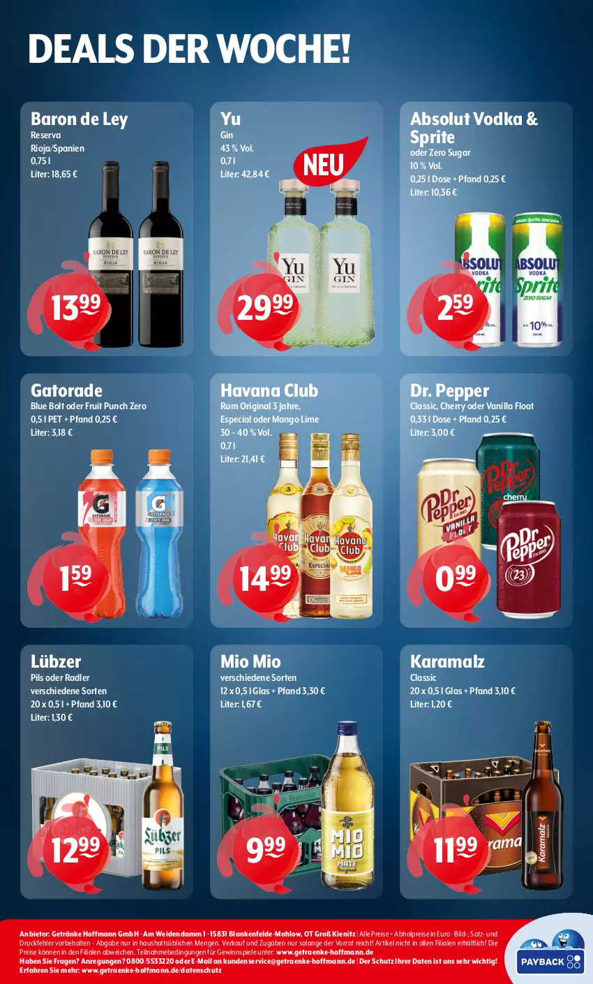 Aktueller Prospekt Getraenke Hoffmann - Prospekte - von 23.12 bis 31.12.2024 - strona 8 - produkty: abholpreise, Absolut Vodka, eis, getränk, getränke, gewinnspiel, gin, Havana Club, karamalz, Lübzer, malz, mango, Mio Mio, oder radler, pils, radler, rama, reis, rioja, rum, Spiele, sprite, Ti, vodka