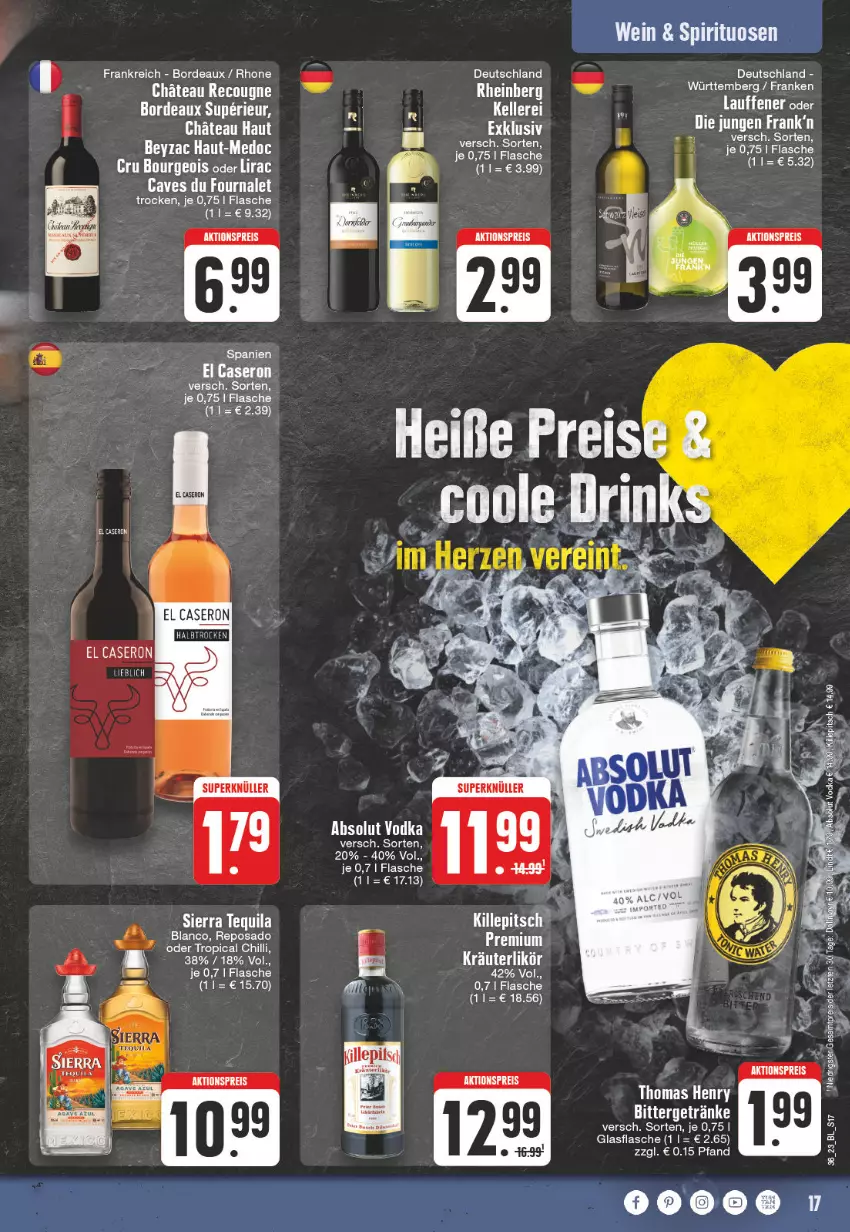 Aktueller Prospekt Edeka - Angebote der Woche - von 28.08 bis 02.09.2023 - strona 17 - produkty: Absolut Vodka, aktionspreis, Bad, eis, elle, flasche, getränk, getränke, glasflasche, kräuter, kräuterlikör, likör, reis, Sierra, sierra tequila, tee, tequila, thomas henry, Ti, vodka