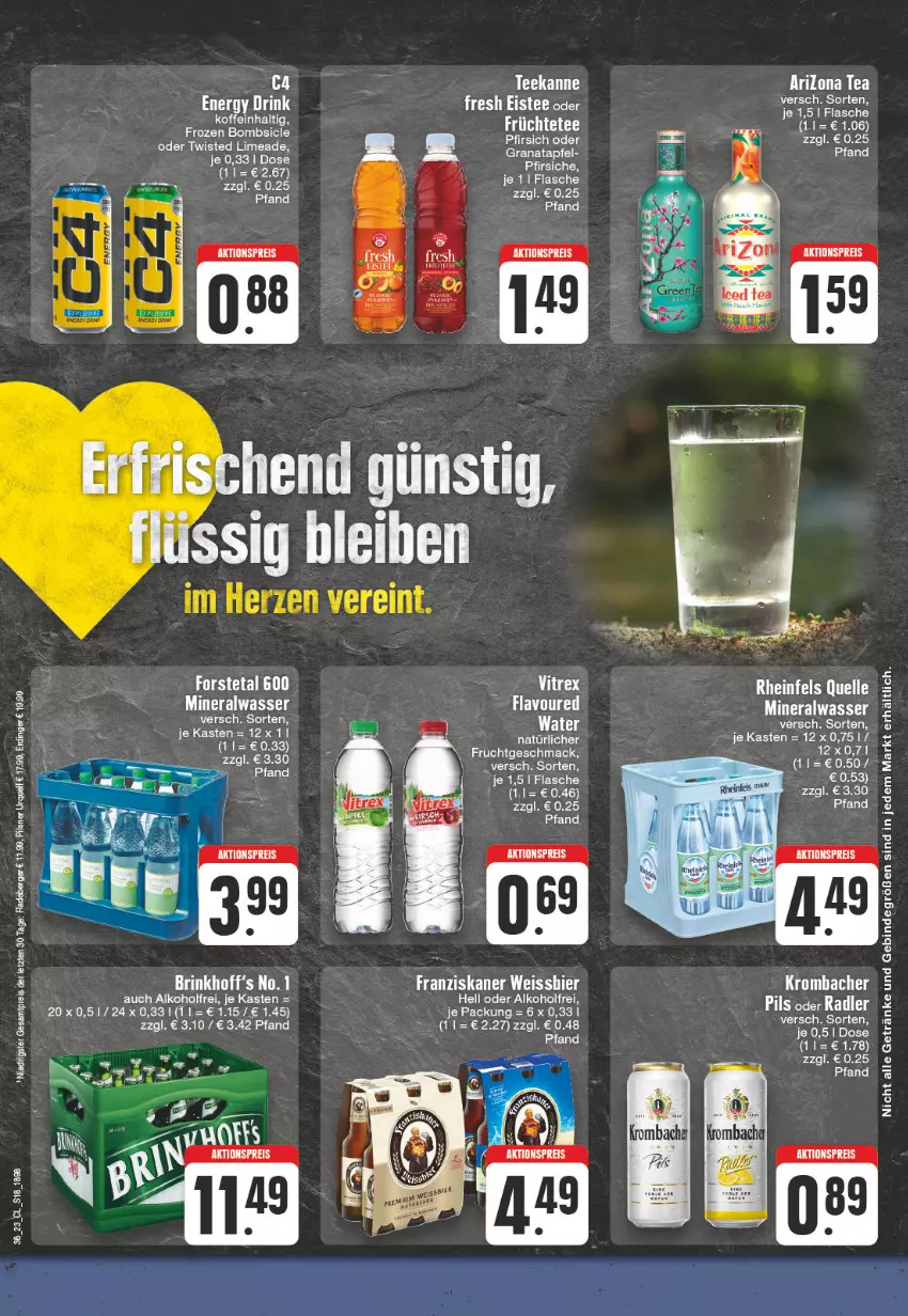 Aktueller Prospekt Edeka - Angebote der Woche - von 28.08 bis 02.09.2023 - strona 18 - produkty: alkohol, Alwa, apfel, Berger, bier, eis, eistee, elle, erdinger, flasche, Forstetal, franziskaner, früchte, Früchtetee, getränk, getränke, grana, granatapfel, krombache, krombacher, mac, mineralwasser, pfirsich, pfirsiche, pils, pilsner, pilsner urquell, radeberger, Rana, reis, rel, rheinfels quelle, tee, teekanne, wasser, weissbier, ZTE