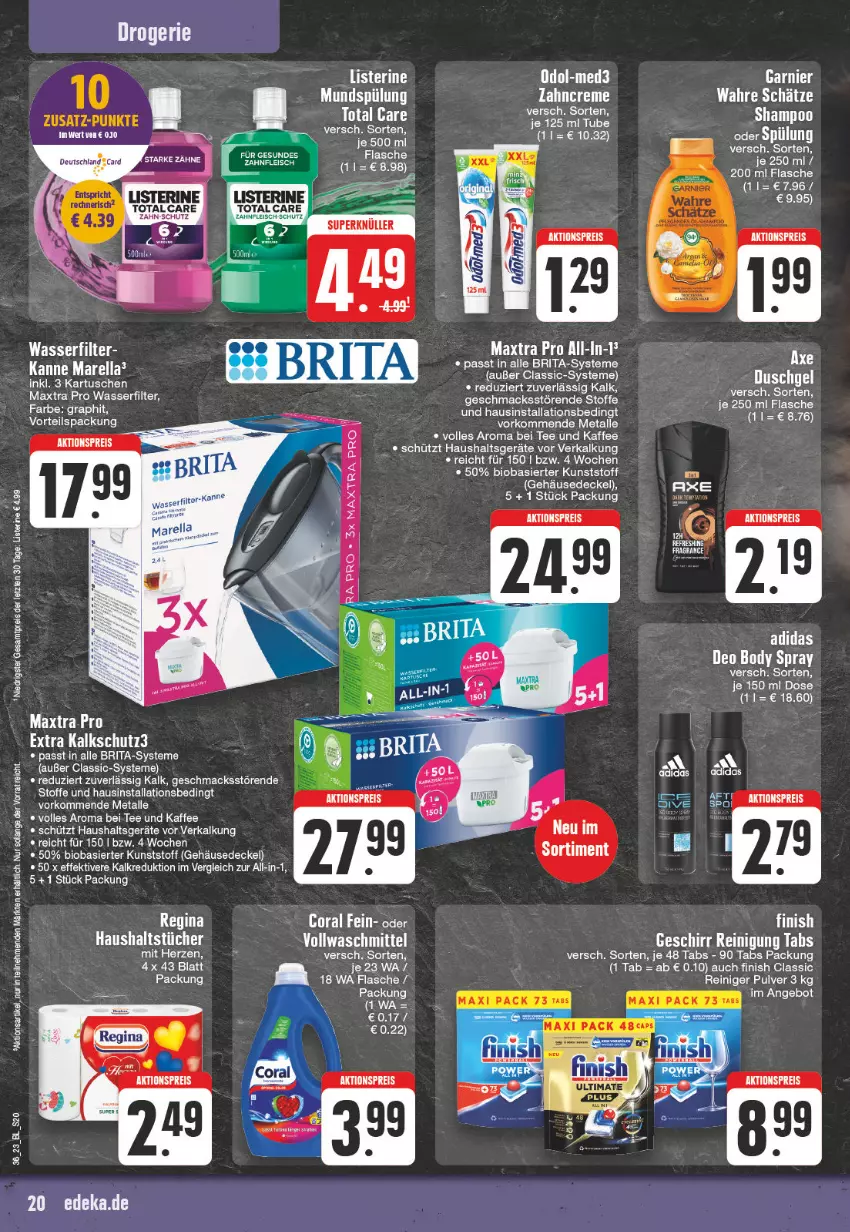 Aktueller Prospekt Edeka - Angebote der Woche - von 28.08 bis 02.09.2023 - strona 20 - produkty: Adidas, aktionspreis, angebot, axe, bio, Coral, creme, decke, Deckel, duschgel, eis, Finish, flasche, garnier, geschirr, gin, Haushaltsgeräte, haushaltstücher, kaffee, listerine, mac, Maus, Maxtra, mundspülung, reiniger, Reinigung, reis, rel, spülung, tee, Ti, total care, tücher, vollwaschmittel, Wahre Schätze, waschmittel, wasser, wasserfilter, zahncreme, ZTE