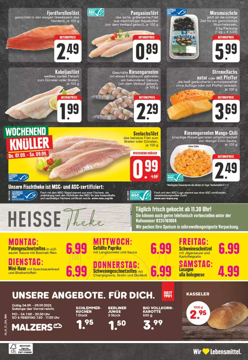 Aktueller Prospekt Edeka - Angebote der Woche - von 28.08 bis 02.09.2023 - strona 24 - produkty: aktionspreis, angebot, angebote, aqua, berliner, bio, braten, chili, eier, eis, elle, filet, fisch, fische, Fischer, fischtheke, fleisch, garnelen, kabeljaufilet, knoblauch, korn, kuchen, lachs, lachsfilet, lebensmittel, malz, mango, nuss, Pangasius, pfeffer, reis, rel, riesengarnelen, sauce, Schere, Spezi, tee, telefon, Ti, uhr, Yo