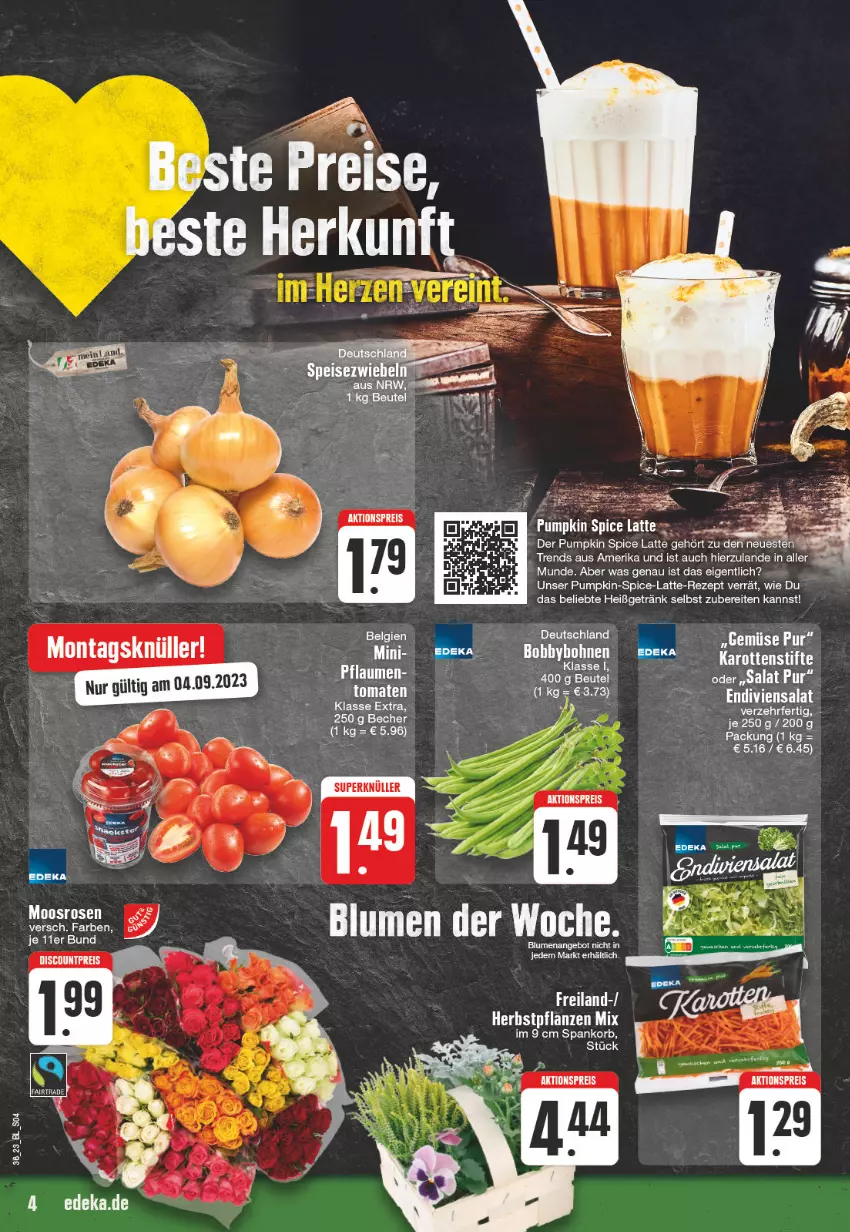 Aktueller Prospekt Edeka - Angebote der Woche - von 28.08 bis 02.09.2023 - strona 4 - produkty: bohne, bohnen, deka, discount, eis, getränk, karotten, korb, latte, LG, pflanze, pflanzen, pflaume, pflaumen, reis, rezept, salat, stifte, Ti, tomate, tomaten