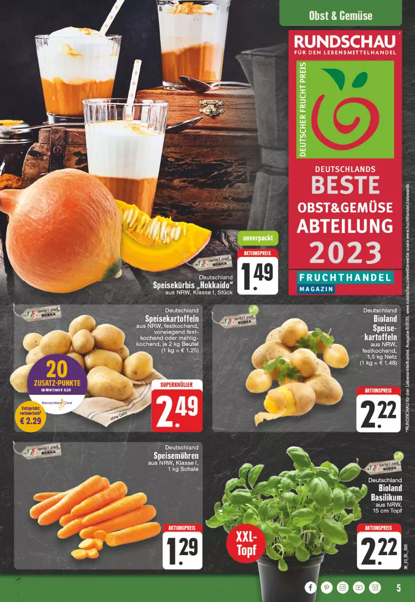 Aktueller Prospekt Edeka - Angebote der Woche - von 28.08 bis 02.09.2023 - strona 5 - produkty: Abtei, aktionspreis, basilikum, beutel, bio, bioland, eis, frucht, kartoffel, kartoffeln, Kürbis, lebensmittel, mehl, obst, reis, speisekartoffeln, Ti, topf