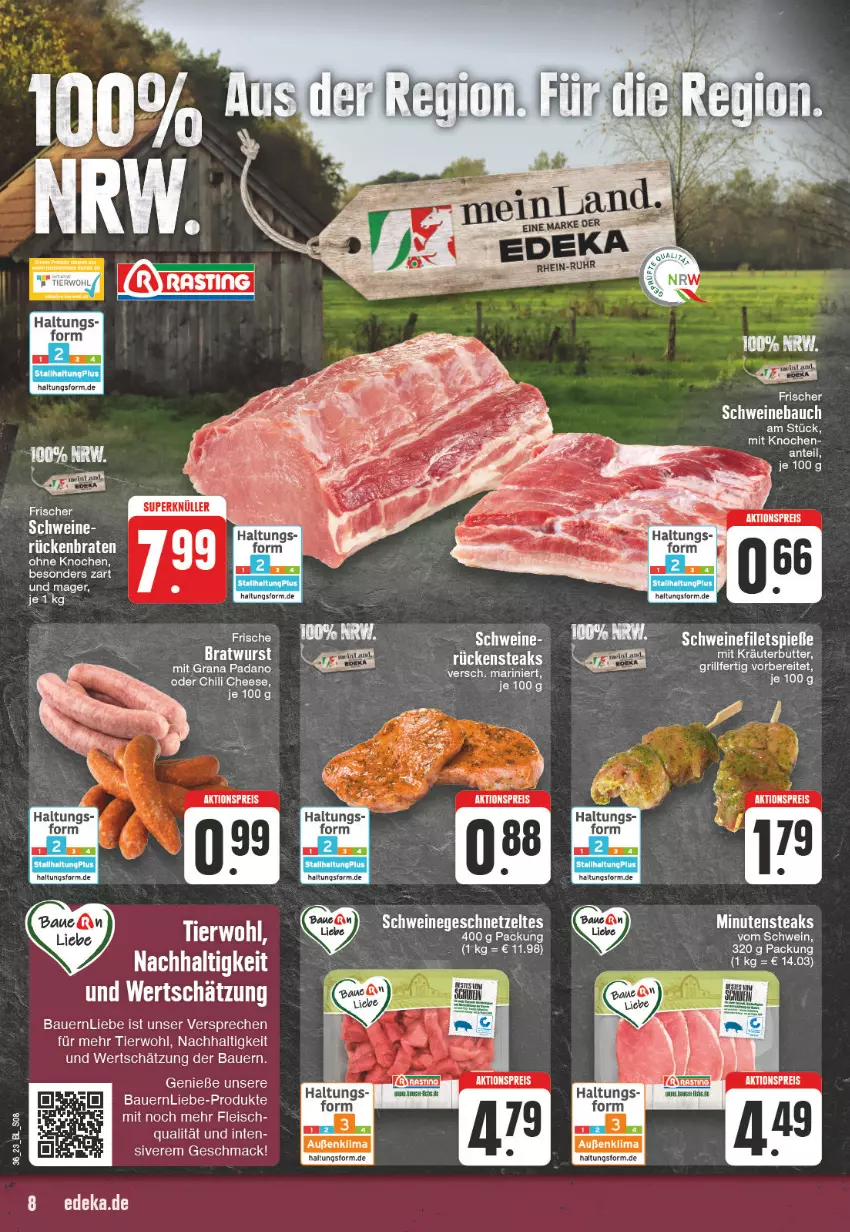 Aktueller Prospekt Edeka - Angebote der Woche - von 28.08 bis 02.09.2023 - strona 8 - produkty: aktionspreis, auer, Bau, Bauer, braten, butter, chili, eis, fleisch, geschnetzeltes, grana, grana padano, grill, kräuter, kräuterbutter, mac, minutensteaks, padano, Rana, reis, Rückenbraten, Rückensteak, rückensteaks, schwein, schweine, Schweinebauch, steak, steaks, Ti, wein, weine, Zelt