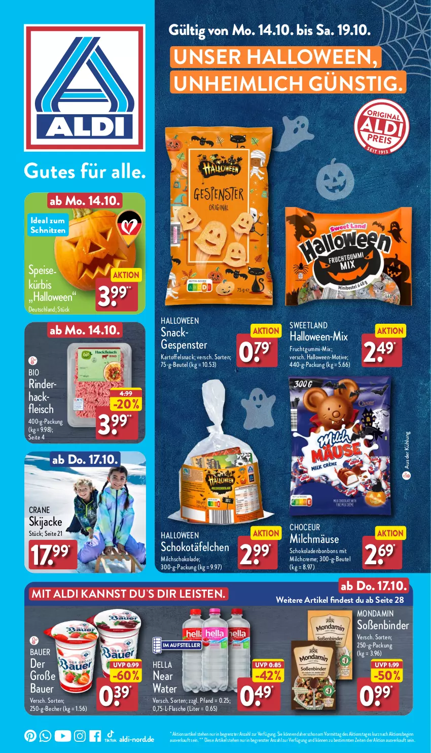 Aktueller Prospekt Aldi Nord - Von Montag - von 14.10 bis 19.10.2024 - strona 1 - produkty: aldi, auer, Bau, Bauer, Becher, beutel, bio, bonbons, creme, eis, elle, flasche, fleisch, frucht, fruchtgummi, gin, hella, Jacke, kartoffel, Kürbis, milch, mondamin, rind, rinder, schoko, schokolade, schokoladen, snack, Soße, Sweetland, teller, Ti, ZTE