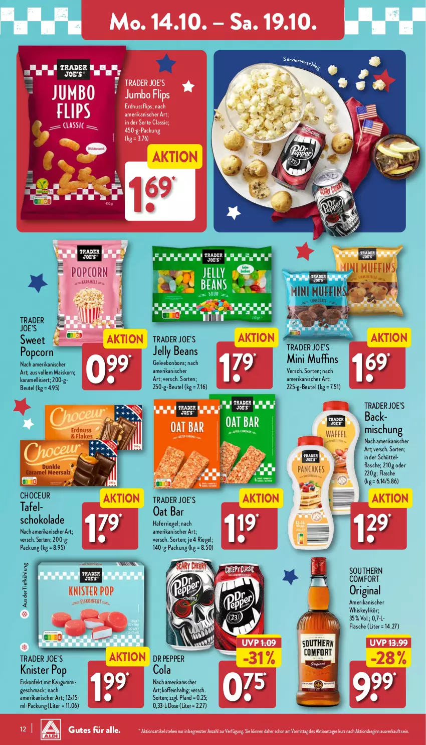 Aktueller Prospekt Aldi Nord - Von Montag - von 14.10 bis 19.10.2024 - strona 12 - produkty: aus der tiefkühlung, beutel, bonbons, cola, eis, eiskonfekt, erdnuss, flasche, gelee, gin, hafer, jumbo, karamell, kaugummi, korn, likör, mac, mais, Muffin, muffins, nuss, popcorn, riegel, schoko, schokolade, Southern Comfort, Ti, whiskey, ZTE