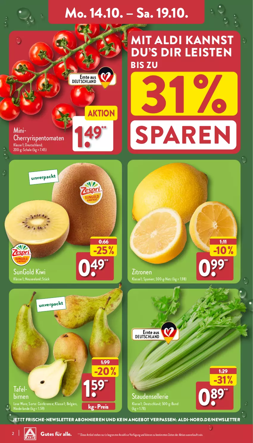 Aktueller Prospekt Aldi Nord - Von Montag - von 14.10 bis 19.10.2024 - strona 2 - produkty: aldi, angebot, Birnen, eis, Elan, elle, kiwi, LG, reis, rispentomaten, Schal, Schale, stauden, Ti, tomate, tomaten, zitrone, zitronen, ZTE