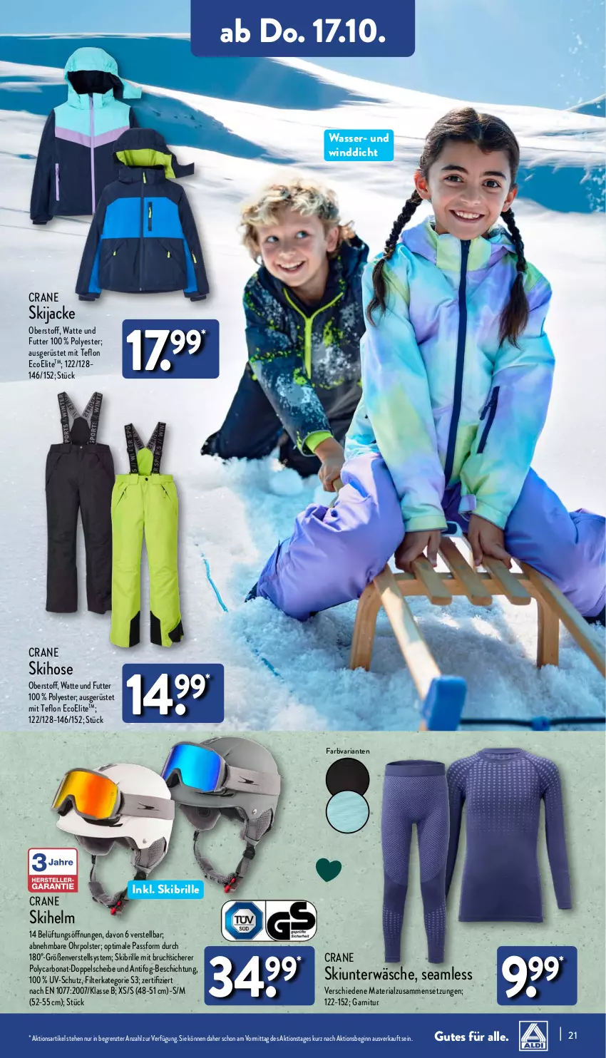 Aktueller Prospekt Aldi Nord - Von Montag - von 14.10 bis 19.10.2024 - strona 21 - produkty: Bona, Brille, garnitur, gin, hose, Jacke, Ria, Skibrille, Skihelm, Ti, Unterwäsche, wasser, ZTE