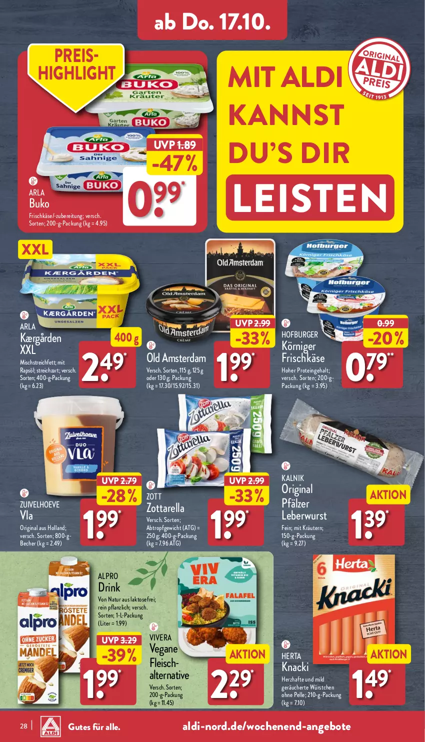 Aktueller Prospekt Aldi Nord - Von Montag - von 14.10 bis 19.10.2024 - strona 28 - produkty: aldi, alpro, angebot, angebote, arla, arla buko, Becher, Buko, burger, drink, eis, elle, fleisch, frischkäse, gin, herta, Kærgården, Käse, Körniger Frischkäse, kräuter, kräutern, leberwurst, natur, Old Amsterdam, rapsöl, reis, rel, Streichzart, Ti, Vegane Fleisch, wurst, würstchen, zott, zottarella